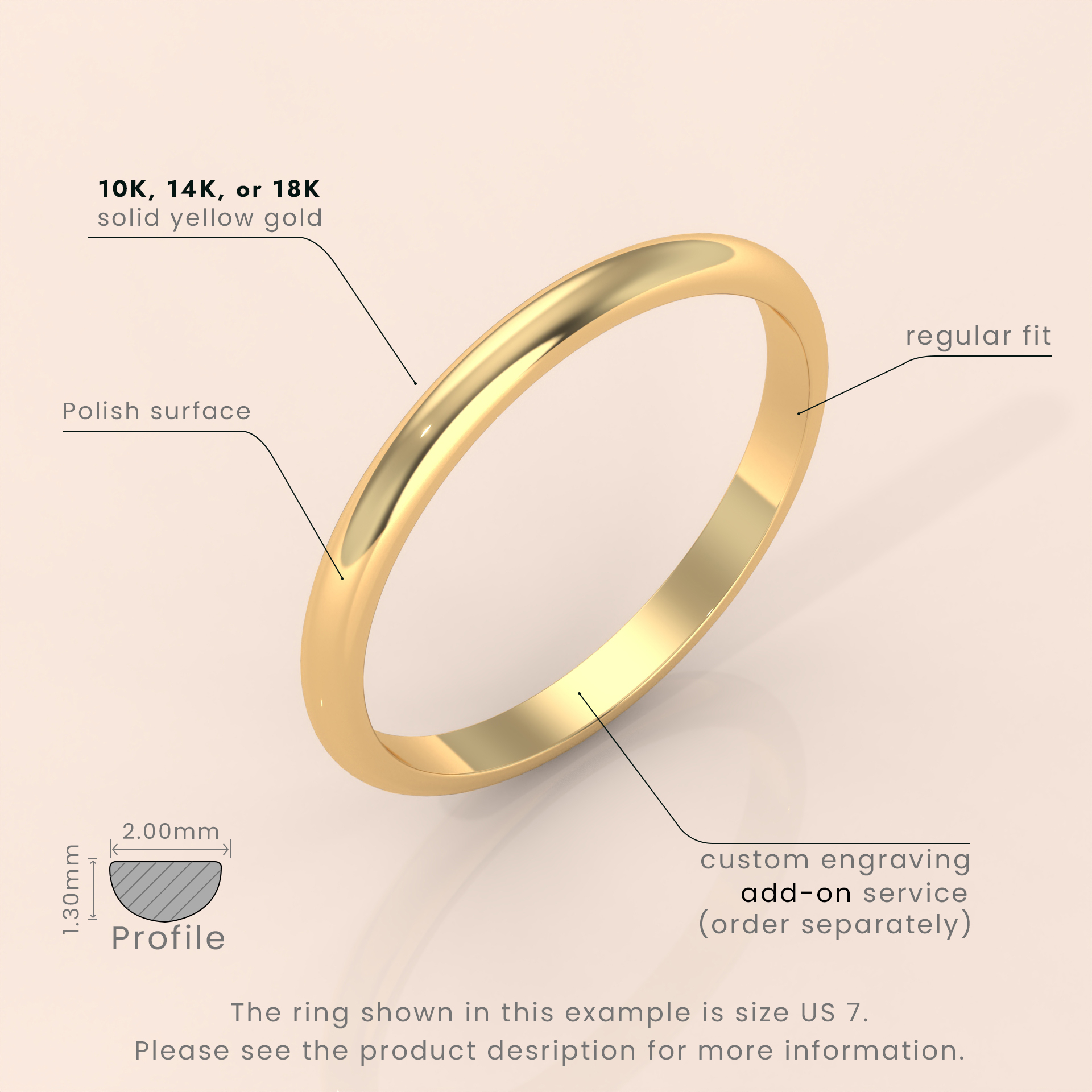 18k Solid Yellow Gold Wedding Band - Polished Dome Classic Ring for Men & Women - Plain Simple Domed Band