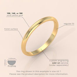 18k Solid Yellow Gold Wedding Band - Polished Dome Classic Ring for Men & Women - Plain Simple Domed Band