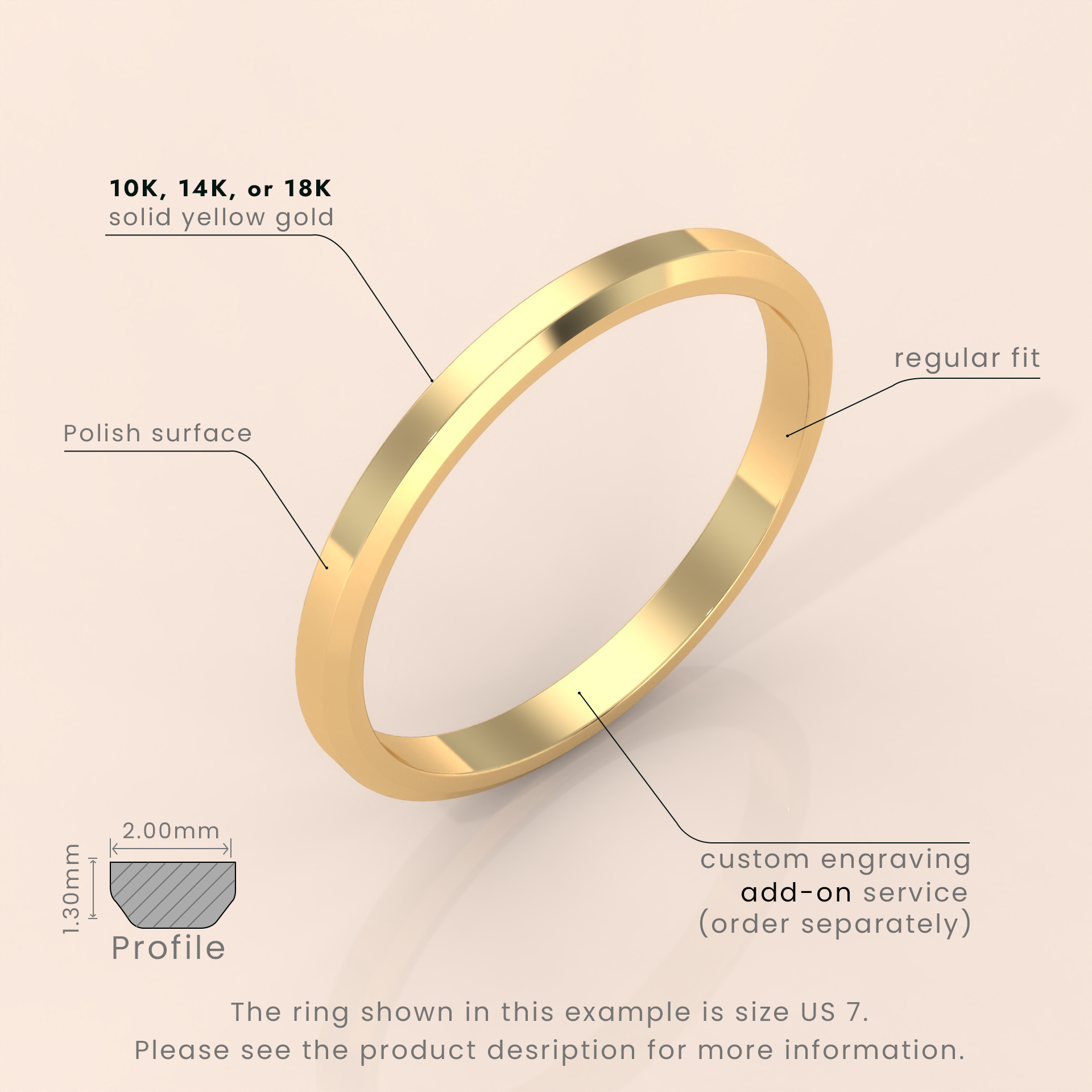 18k Solid Yellow Gold Wedding Band - Beveled Edge Matte Classic Ring for Men & Women - Simple Plain Wedding Band