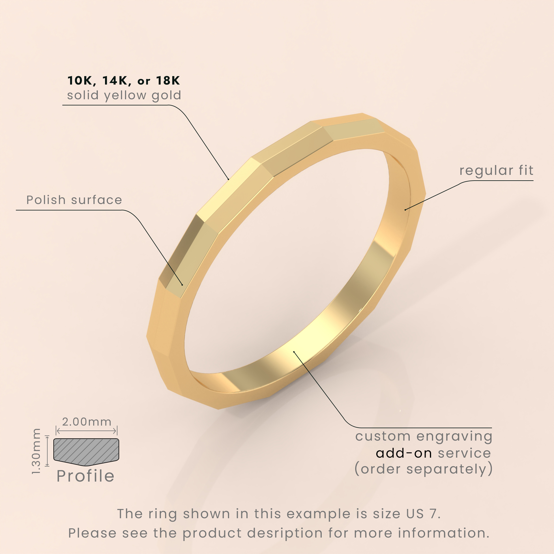 18kt Yellow Gold Mens Wedding Band, Classic 6mm Faceted Ring, Simple Solid Gold Wedding Band for Him, Timeless & Elegant Design