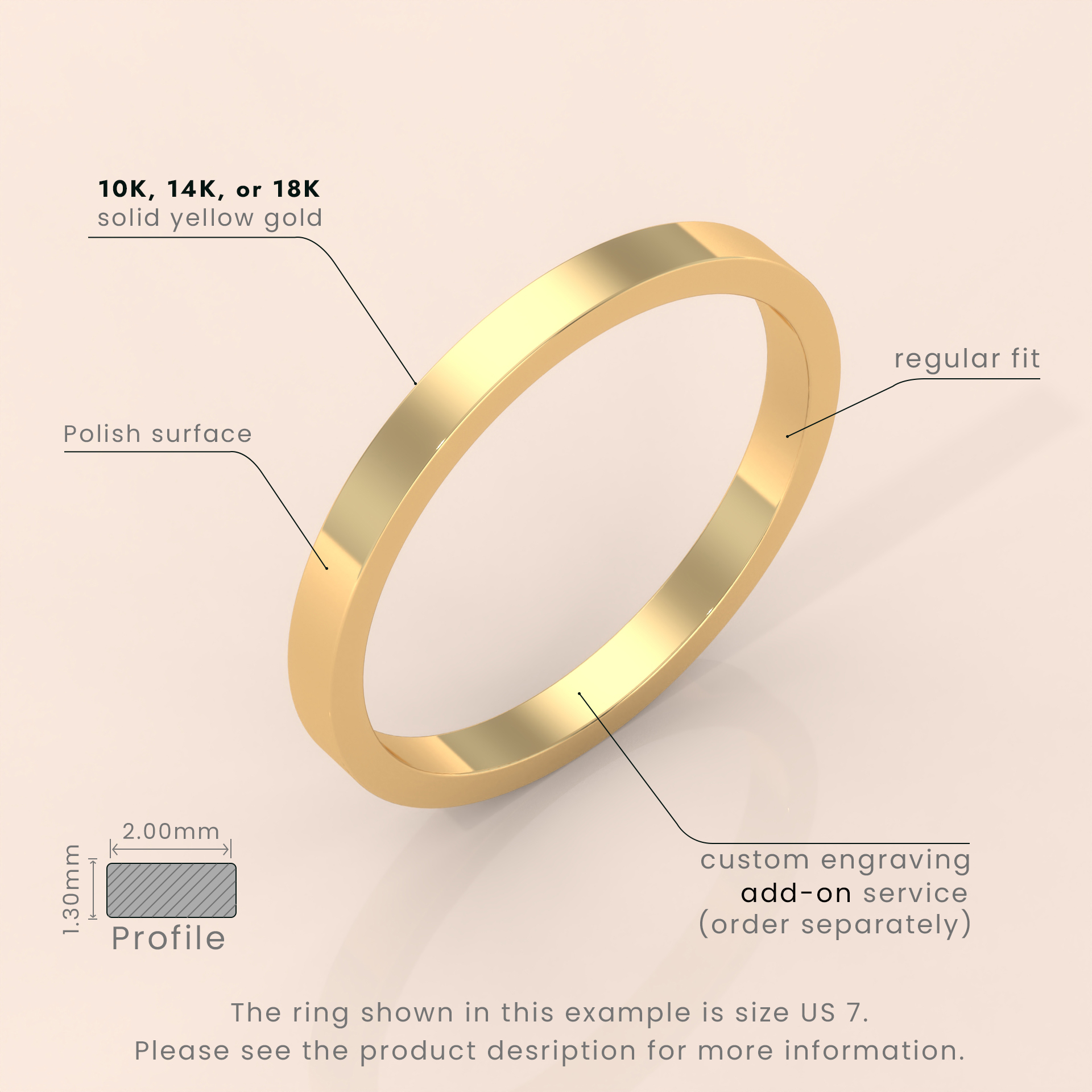 18k Solid Yellow Gold Flat Wedding Band - Matte Finish Classic Ring for Men & Women - Simple Plain Wedding Band