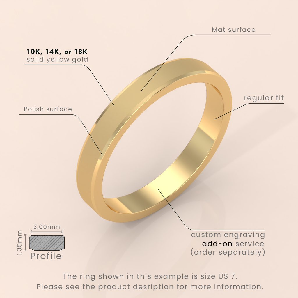 18k Solid Yellow Gold Wedding Band - Beveled Edge Matte Finish - Classic Simple Ring for Men & Women