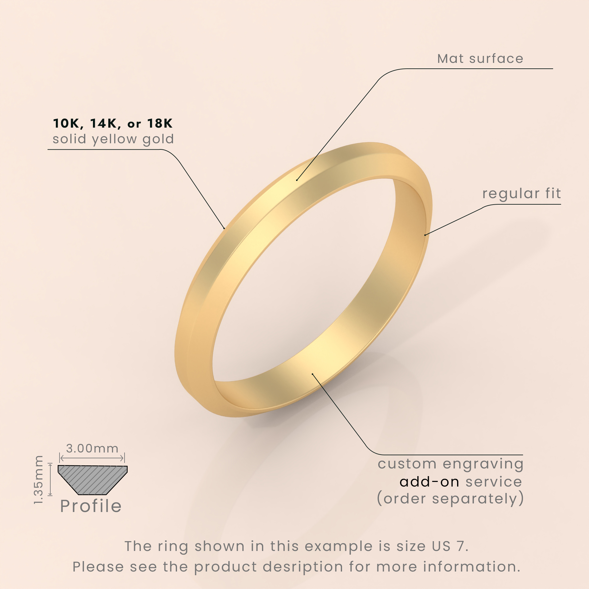 18kt Yellow Gold Men's Wedding Band, 6mm Brushed Solid Gold Ring, Classic Beveled Edge Design