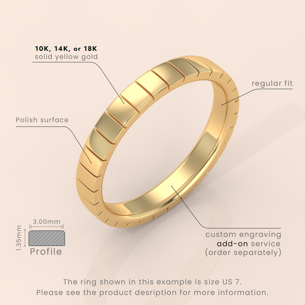 18K Gold Wedding Band, 6mm Brushed Shiny Beveled Flat Ring in White, Yellow or Rose Gold, Perfect for Him & Her