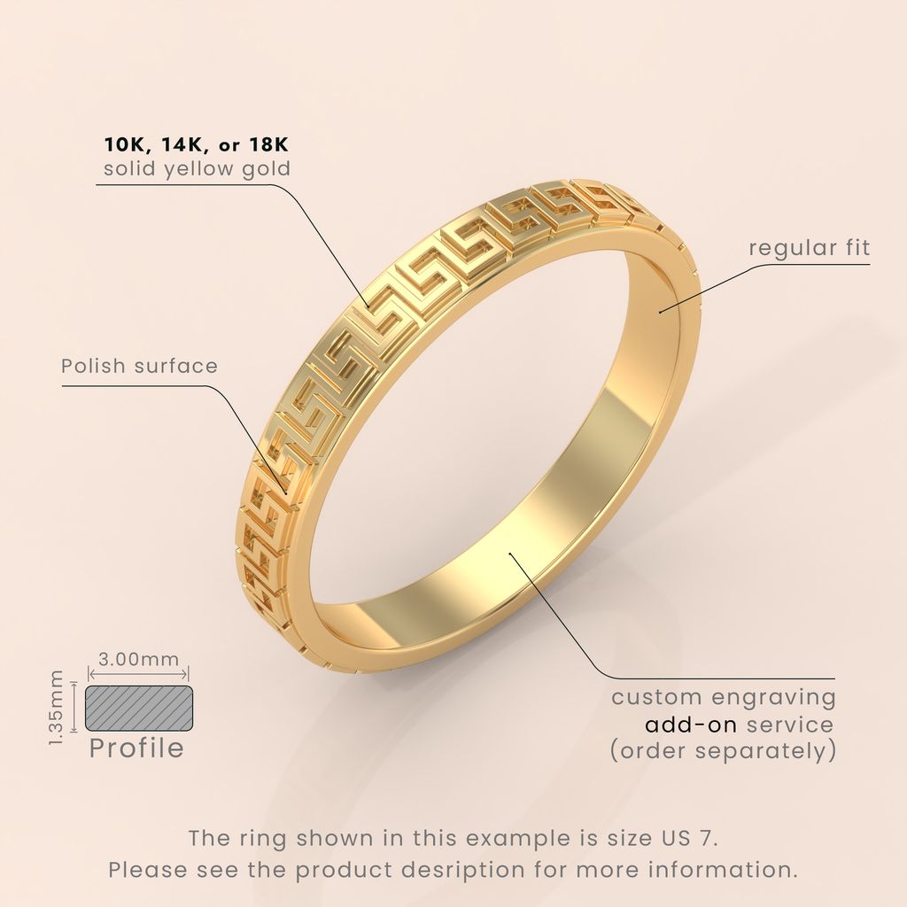 18k Solid Gold Greek Key Wedding Ring – Unique Meander Fret Pattern Band for Him or Her – Custom Size Available