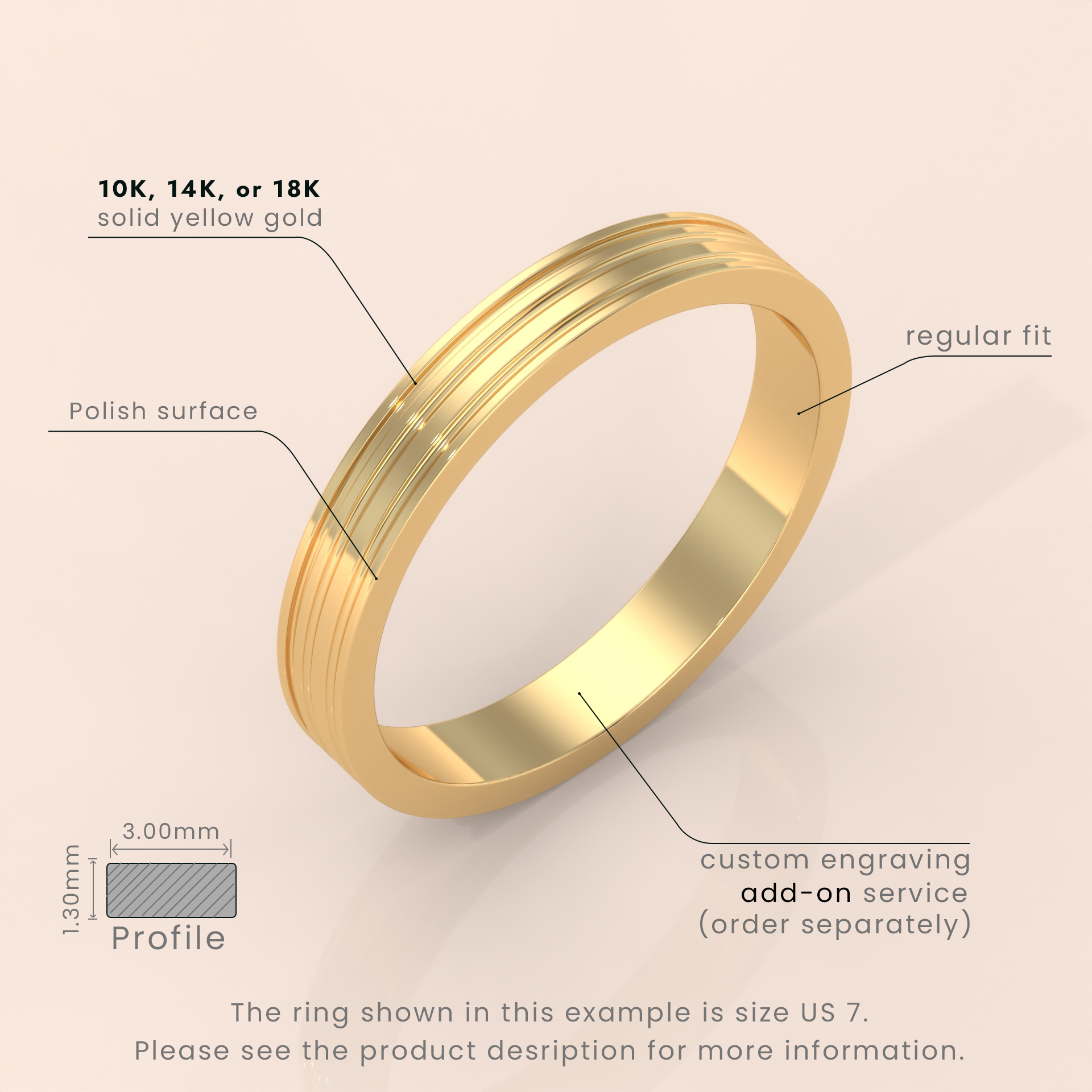 18kt Yellow Gold 6mm Mens Wedding Band Sharp Double Grooves, Classic Solid 14kt Yellow Gold Wedding Ring, Mens Wedding Anniversary Ring