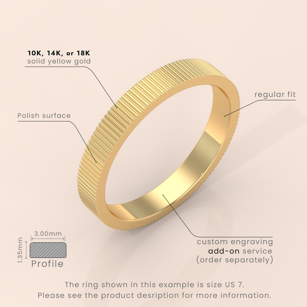 18k Solid Gold Men’s Wedding Band – 7mm Mid-Beveled Ring with Accented Details – Classic Gold Band for Him