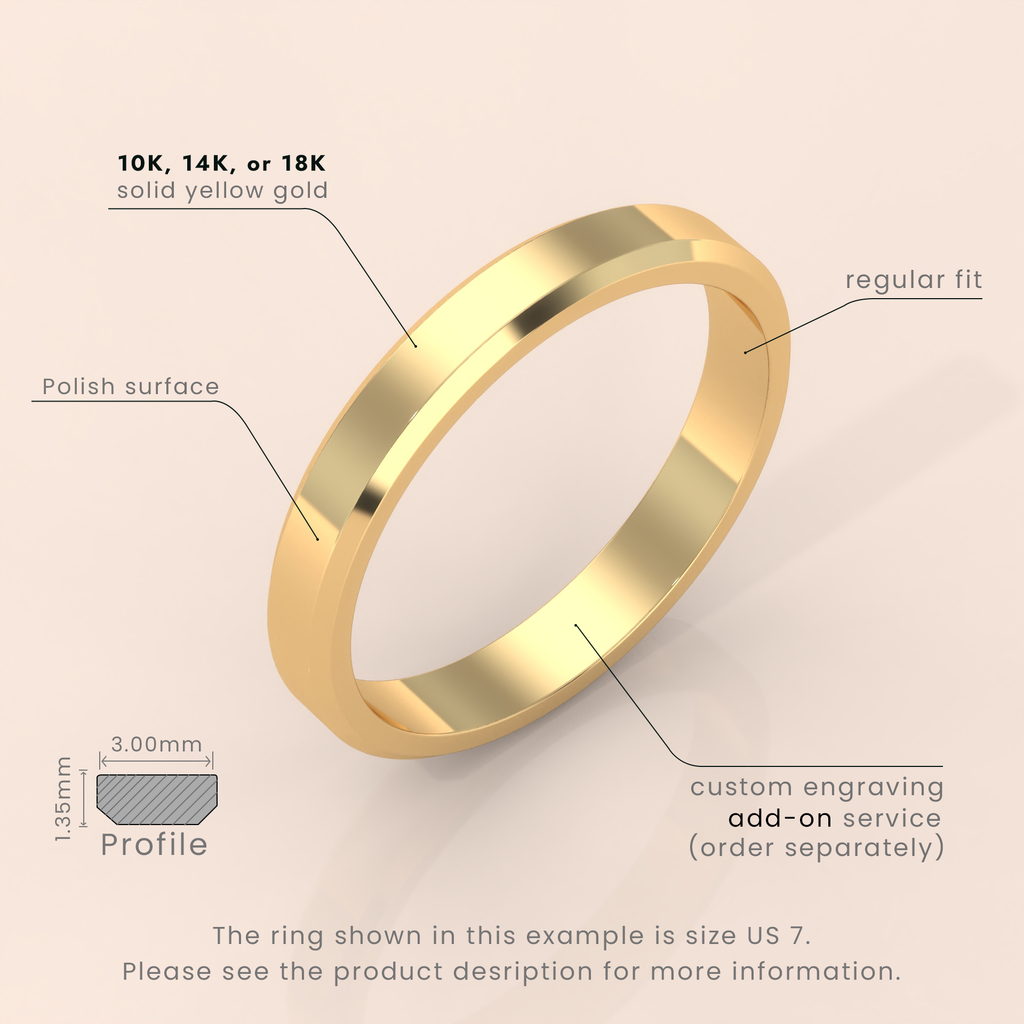 18k Solid Yellow Gold Wedding Band - Beveled-Edge Matte Finish - Classic Simple Wedding Ring for Men & Women