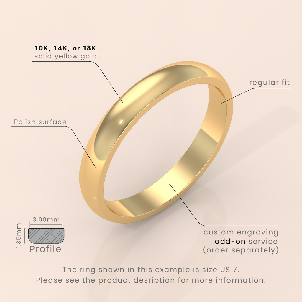 18k Solid Yellow Gold Wedding Band - Polished Comfort Fit Classic Ring for Men & Women - Simple Domed Design