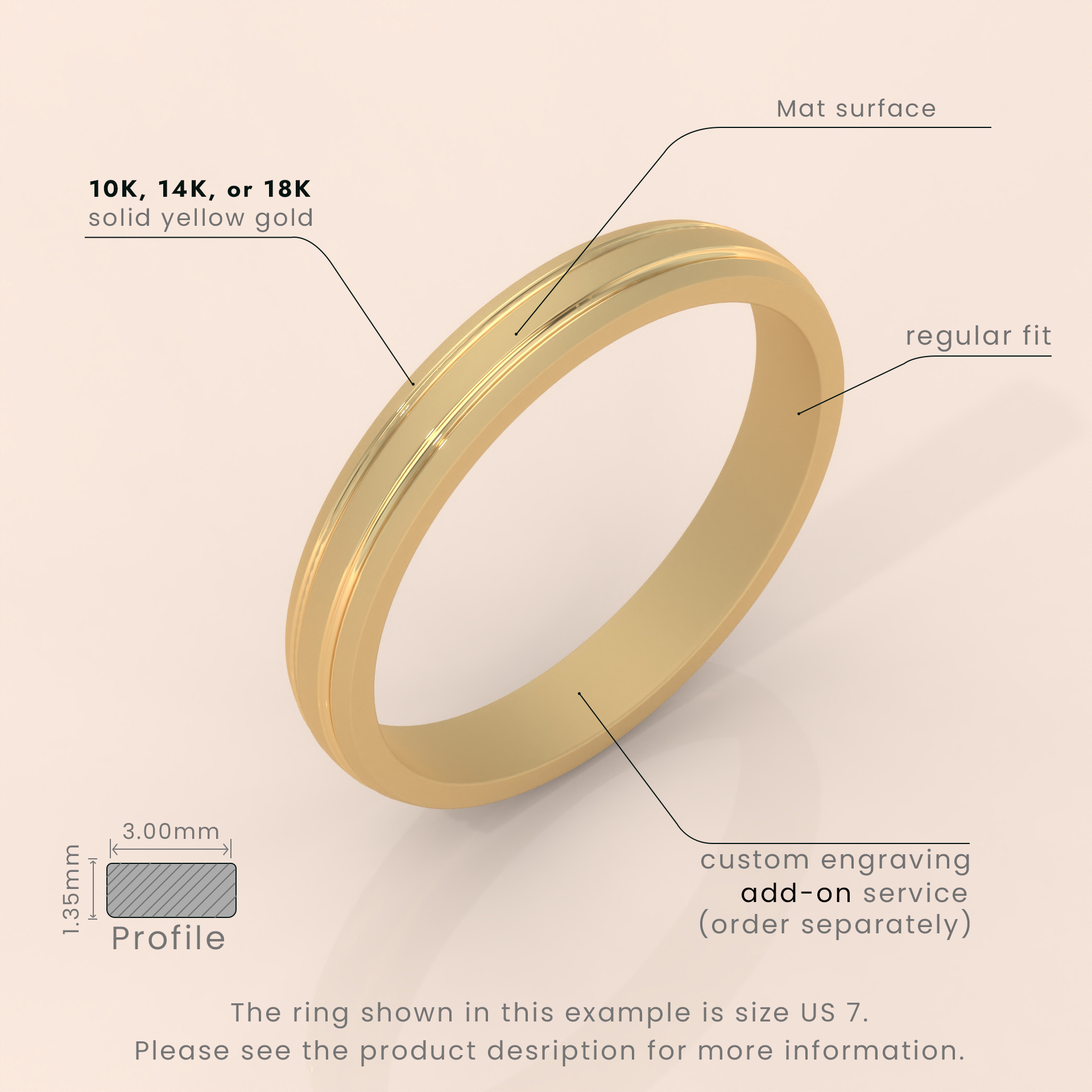 18k Gold Men’s Wedding Band – 7mm Thick Brushed Ring with Grooved Detail – Modern Gold Ring for Him