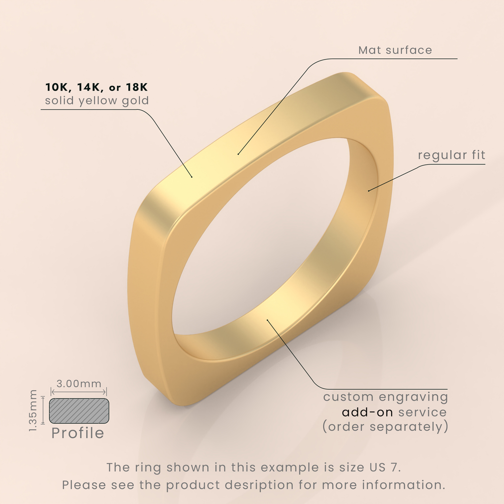 18kt Yellow Gold Mens Wedding Band | 6mm Brushed Square Ring | Comfortable Euro Shank Design for Men