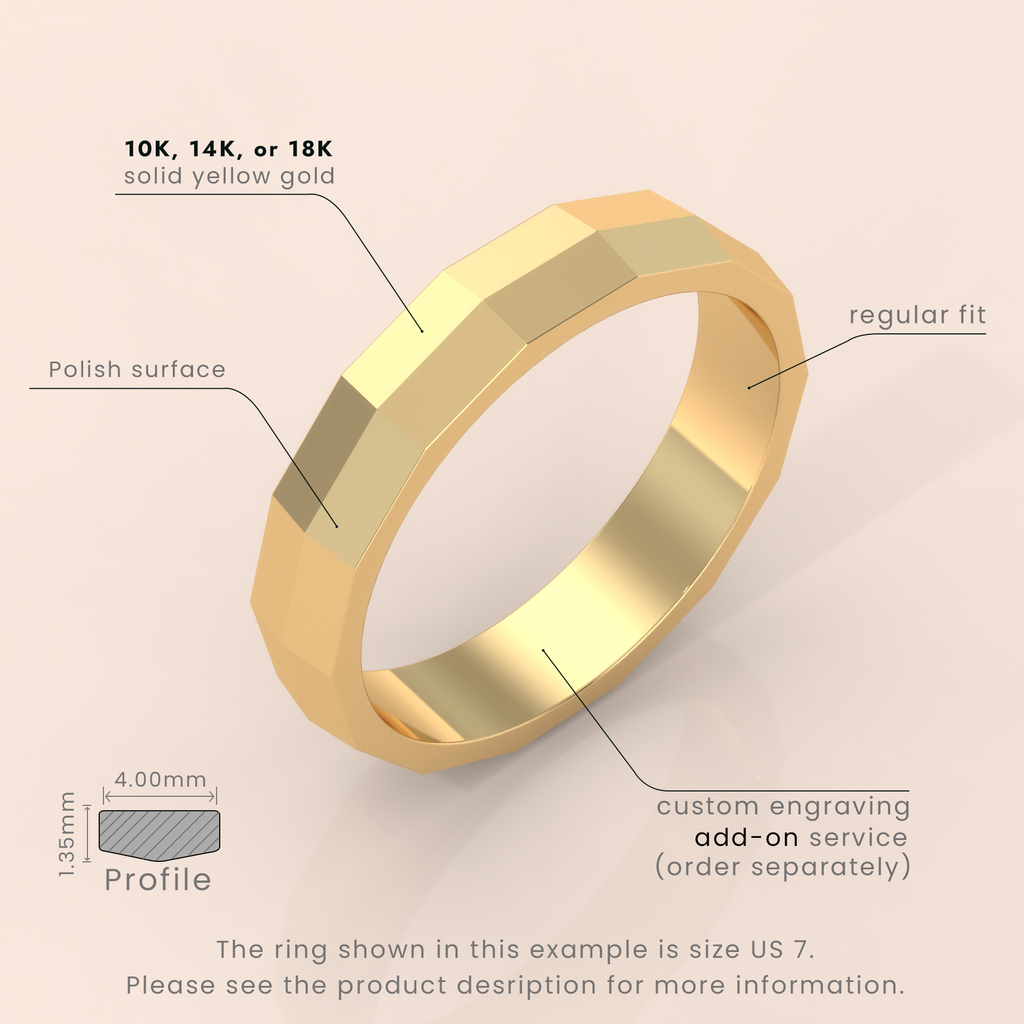 18kt Yellow Gold Mens Wedding Band, Classic 6mm Faceted Ring, Simple Solid Gold Wedding Band for Him, Timeless & Elegant Design