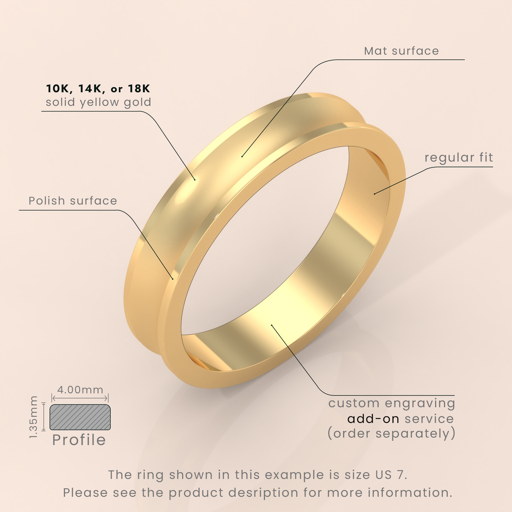 18k Solid Yellow Gold Wedding Band - Beveled-Edge Matte Classic Ring for Men & Women - Simple Plain Wedding Band
