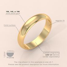 18k Solid Yellow Gold Wedding Band - Polished Dome Classic Ring for Men & Women - Plain Simple Domed Band