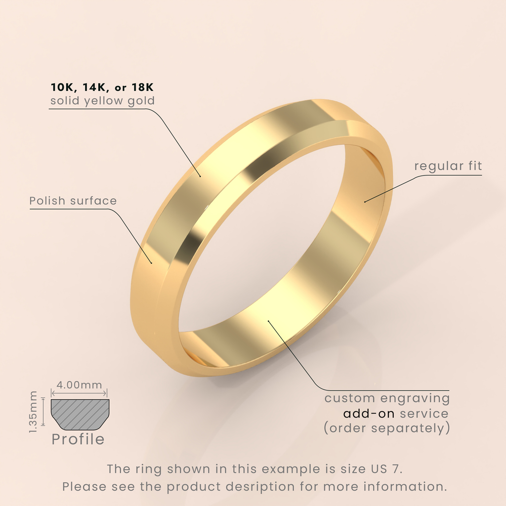 18k Solid Yellow Gold Wedding Band - Beveled Edge Matte Classic Ring for Men & Women - Simple Plain Wedding Band