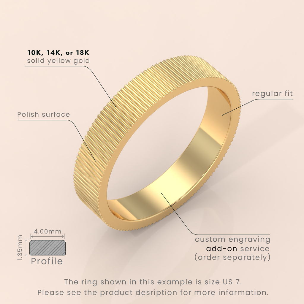 18k Solid Gold Men’s Wedding Band – 7mm Mid-Beveled Ring with Accented Details – Classic Gold Band for Him