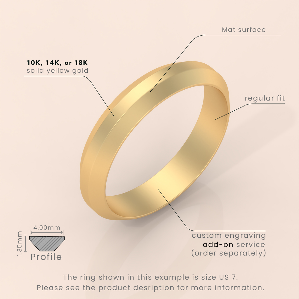 18kt Yellow Gold Men's Wedding Band, 6mm Brushed Solid Gold Ring, Classic Beveled Edge Design