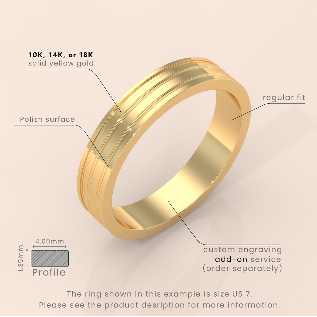 18kt Yellow Gold 6mm Mens Wedding Band Sharp Double Grooves, Classic Solid 14kt Yellow Gold Wedding Ring, Mens Wedding Anniversary Ring