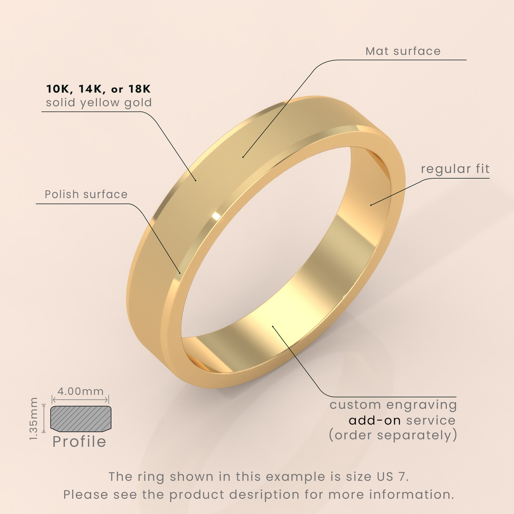 18k Solid Yellow Gold Wedding Band - Beveled Edge Matte Finish - Classic Simple Ring for Men & Women