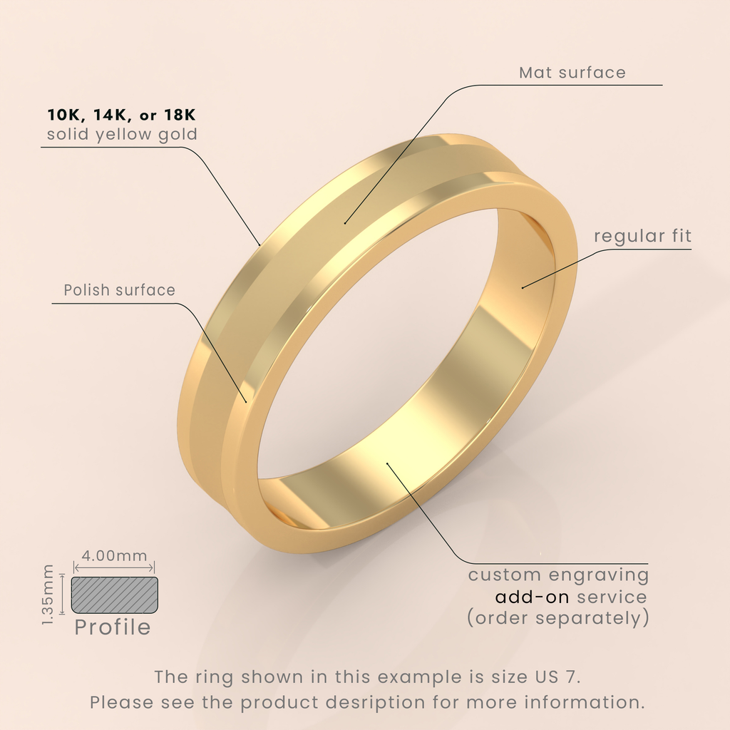 18K Yellow Gold Wedding Band - Comfort Fit Beveled Edge with Free Laser Engraving - 2mm to 7mm Brush Finish