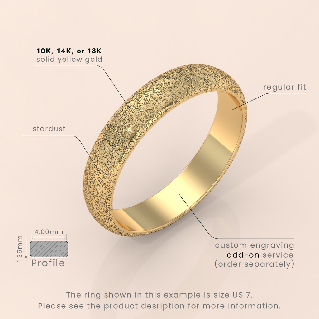 18k 4mm Solid Yellow Gold Domed Wedding Band – Ice-Matte Finish Classic Ring for Men & Women | Simple Plain Design
