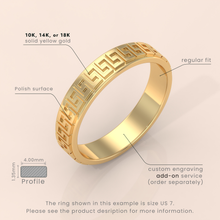 18k Solid Gold Greek Key Wedding Ring – Unique Meander Fret Pattern Band for Him or Her – Custom Size Available