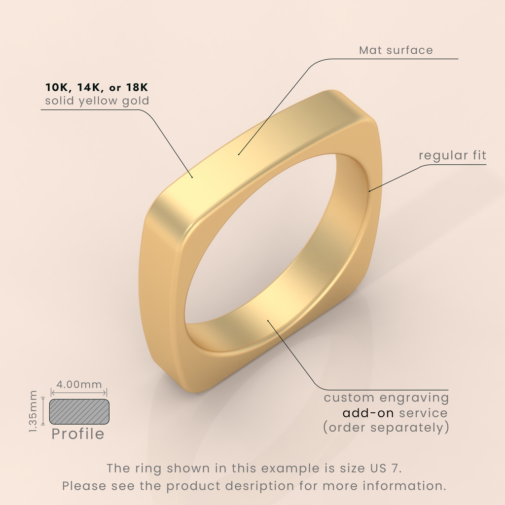 18kt Yellow Gold Mens Wedding Band | 6mm Brushed Square Ring | Comfortable Euro Shank Design for Men