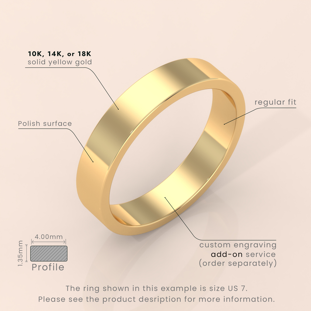 18k Solid Yellow Gold Flat Wedding Band - Matte Finish Classic Ring for Men & Women - Simple Plain Wedding Band