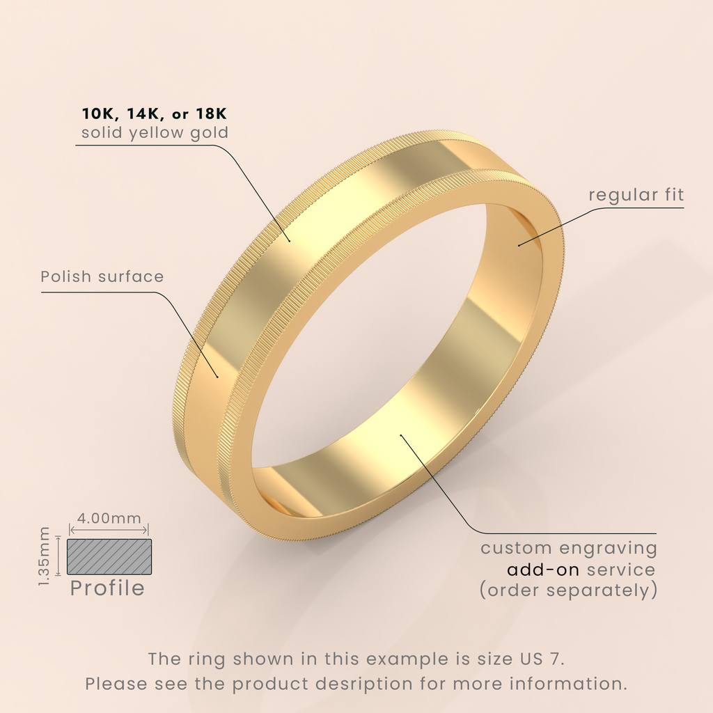 18k 4mm Solid Yellow Gold Wedding Band – Milgrain Comfort Fit Ring for Men & Women | Classic Style with Custom Engraving