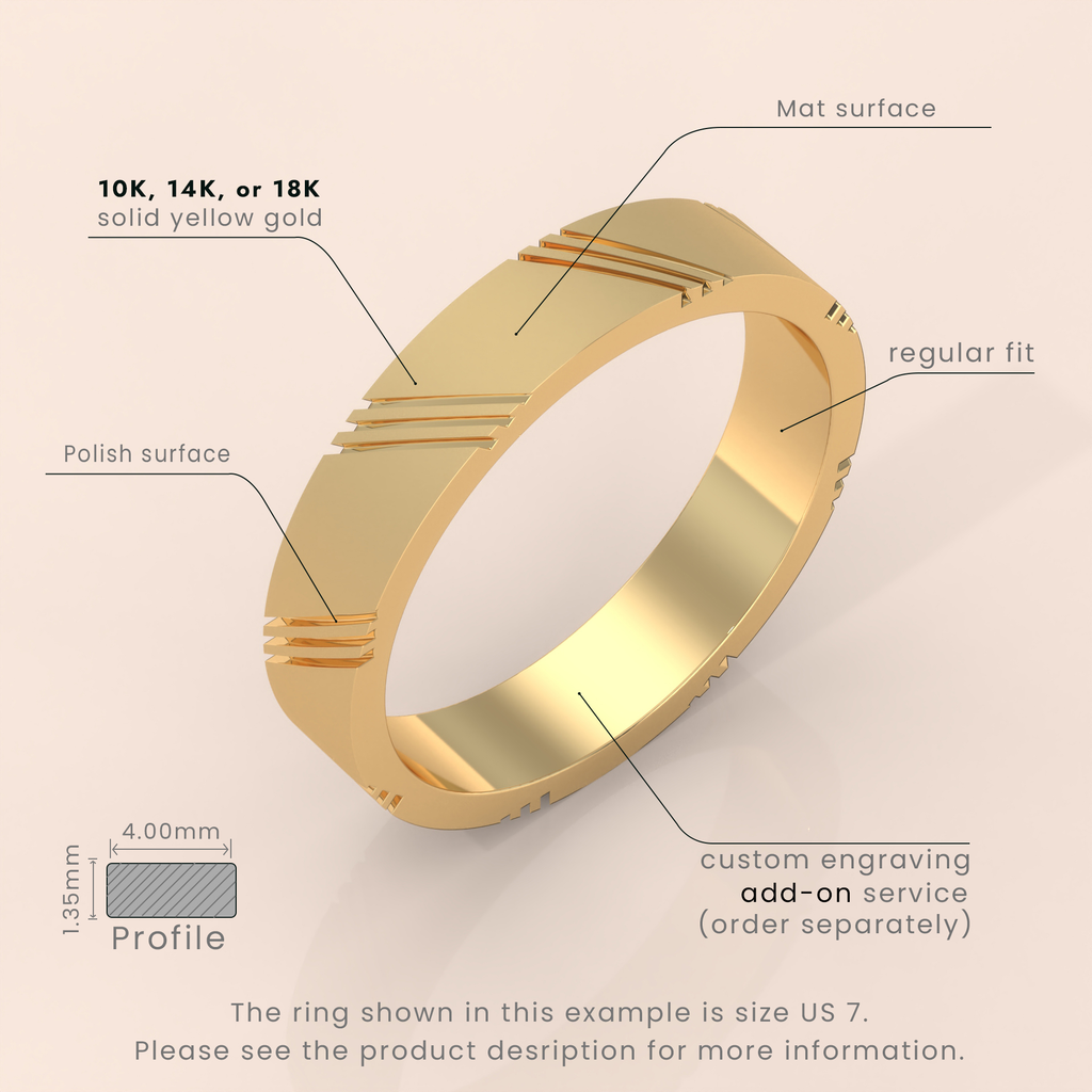 18k 6mm Solid Gold Men's Wedding Band – Modern Ring with Diagonal Details | Stylish Wedding Ring for Him