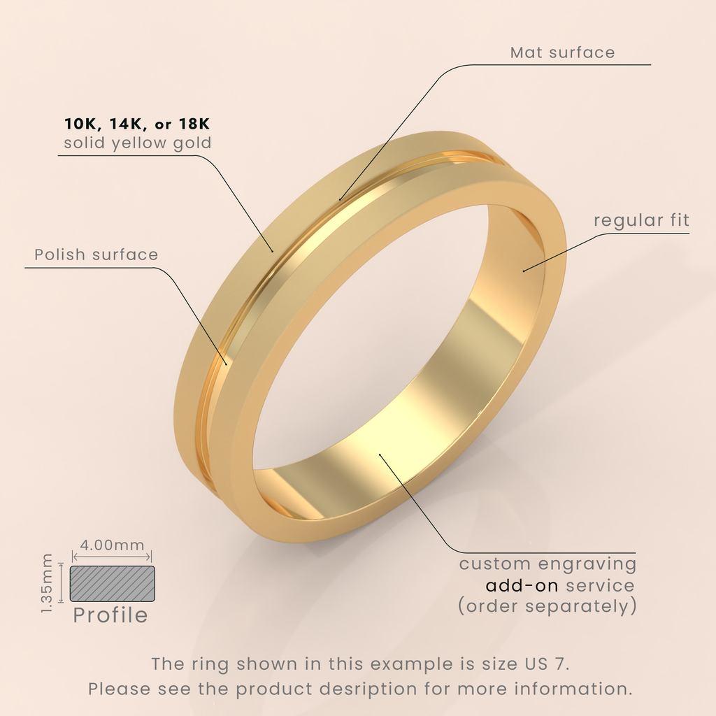 18k 6mm Solid Gold Men's Wedding Band – Grooved Design with Unique Fancy Accents | Yellow, White, or Rose Gold