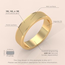 18k Solid Yellow Gold Wedding Band - Beveled Edge Matte Finish - Classic Simple Ring for Men & Women