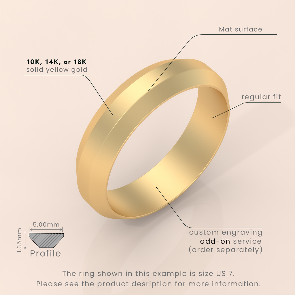 18kt Yellow Gold Men's Wedding Band, 6mm Brushed Solid Gold Ring, Classic Beveled Edge Design