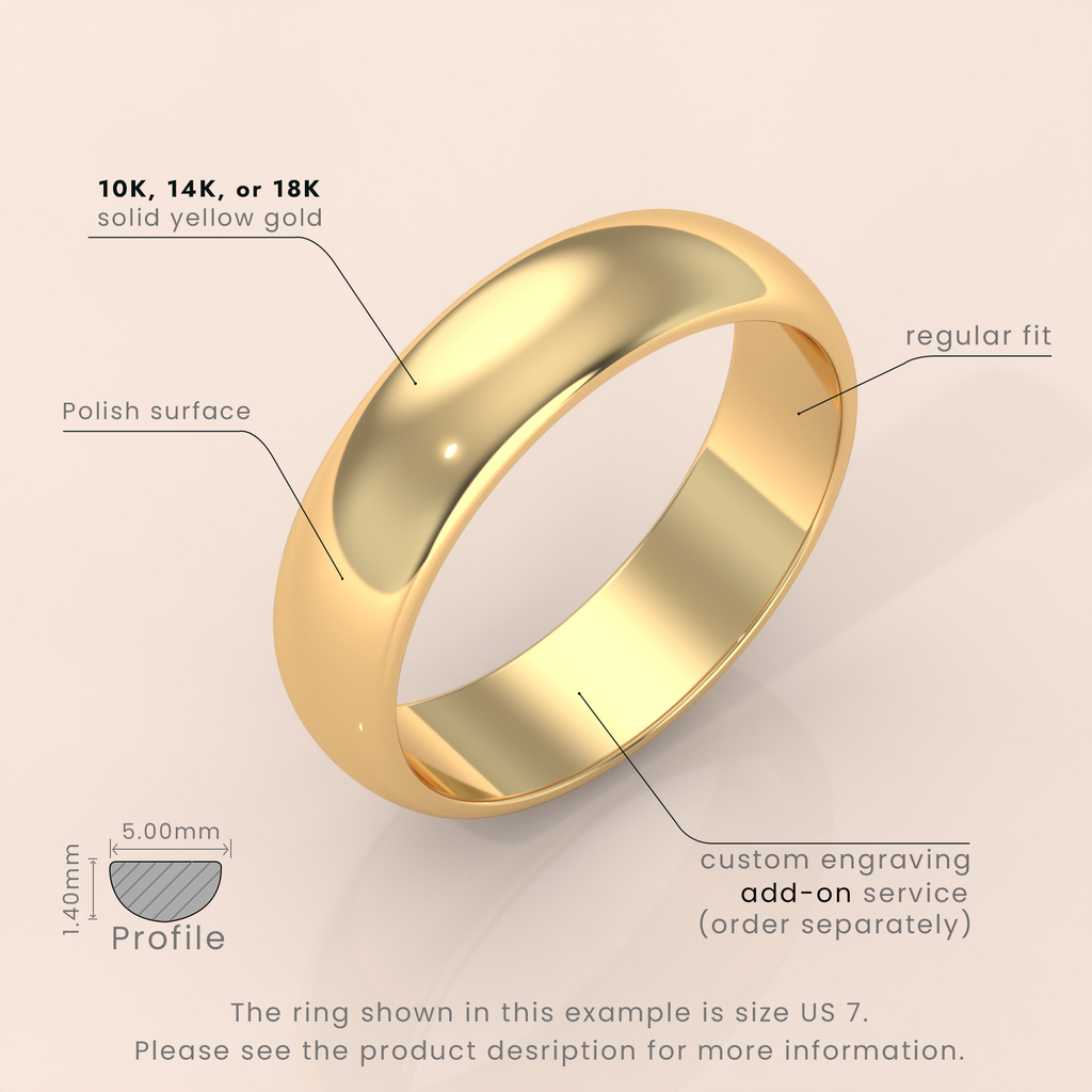 18k Solid Yellow Gold Wedding Band - Polished Dome Classic Ring for Men & Women - Plain Simple Domed Band