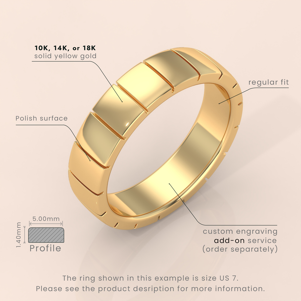 18K Gold Wedding Band, 6mm Brushed Shiny Beveled Flat Ring in White, Yellow or Rose Gold, Perfect for Him & Her