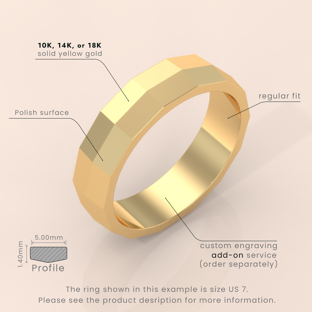 18kt Yellow Gold Mens Wedding Band, Classic 6mm Faceted Ring, Simple Solid Gold Wedding Band for Him, Timeless & Elegant Design