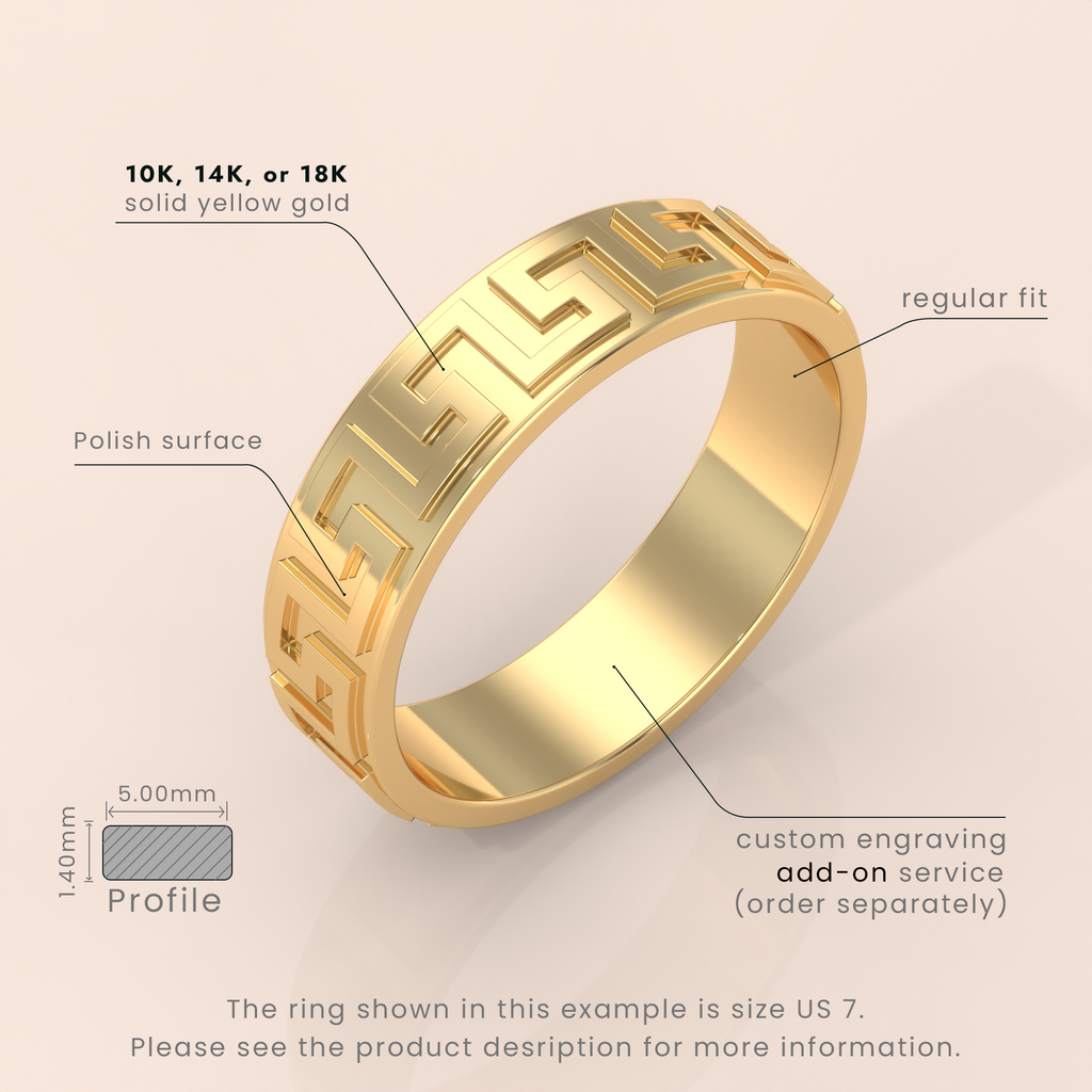 18k Solid Gold Greek Key Wedding Ring – Unique Meander Fret Pattern Band for Him or Her – Custom Size Available