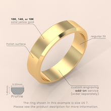 14k Solid Yellow Gold Wedding Band - Beveled Edge Matte Classic Ring for Men & Women - Simple Plain Wedding Band