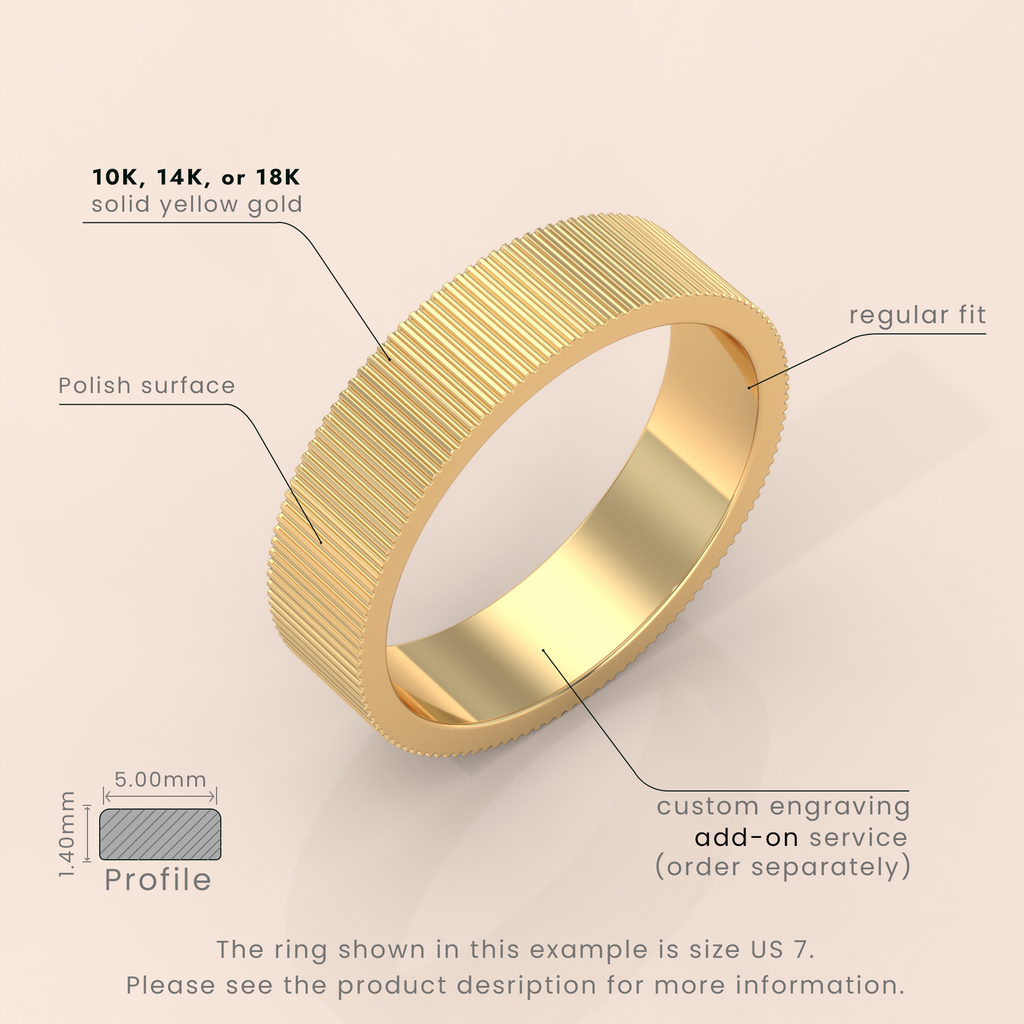 18k Solid Gold Men’s Wedding Band – 7mm Mid-Beveled Ring with Accented Details – Classic Gold Band for Him