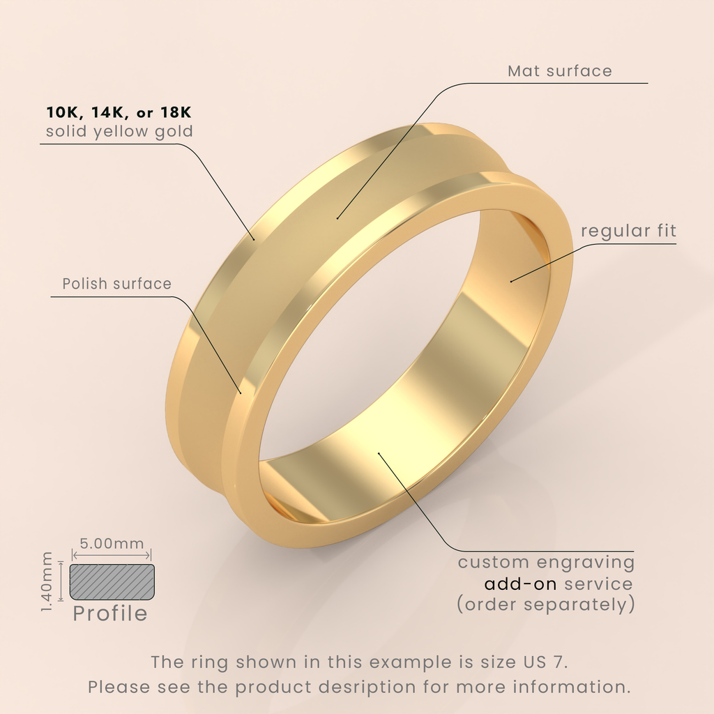 18K Yellow Gold Wedding Band - Comfort Fit Beveled Edge with Free Laser Engraving - 2mm to 7mm Brush Finish