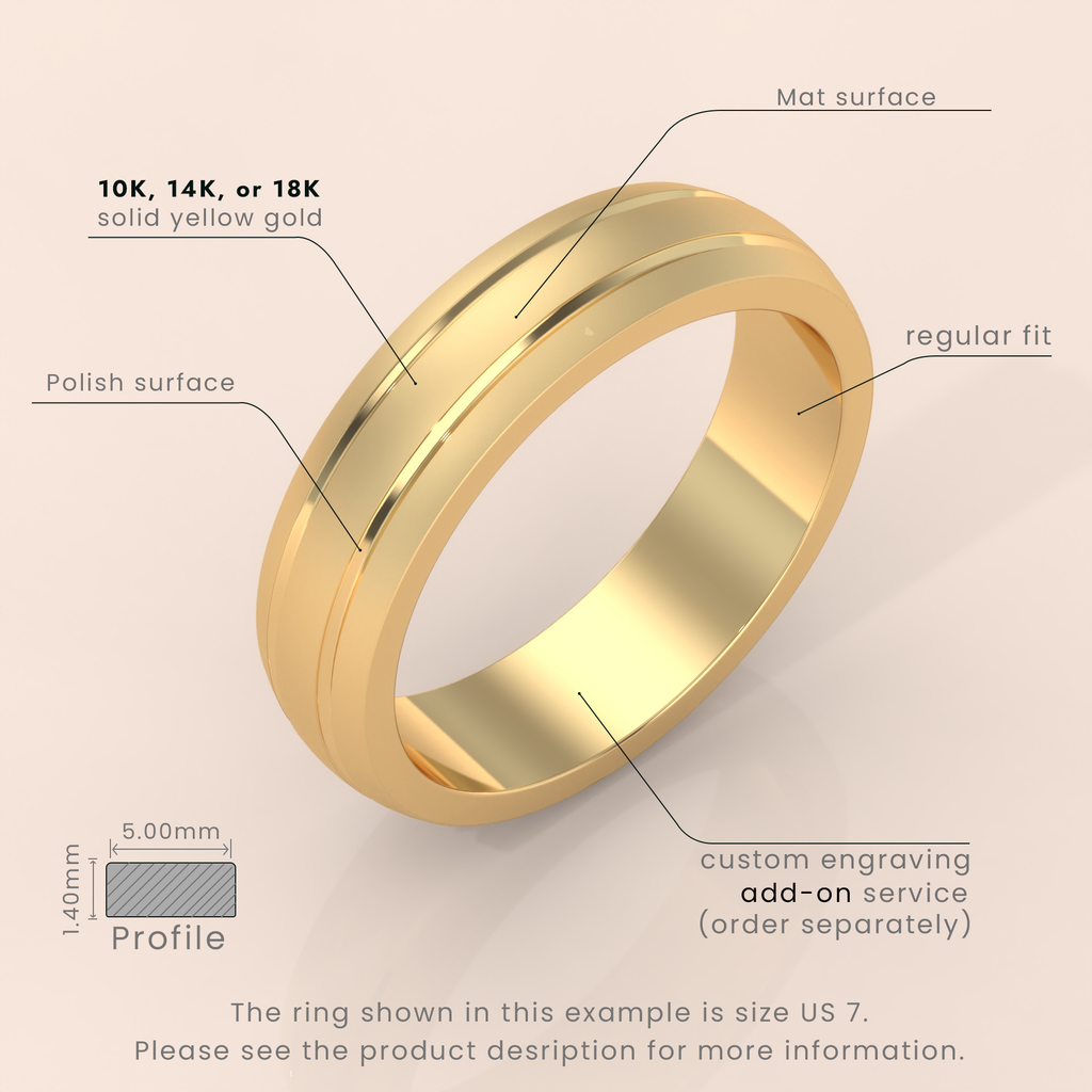 18k 7mm Solid Gold Men's Wedding Band – Matte Brushed Finish with Double Grooved Design | Real Gold Engagement Ring