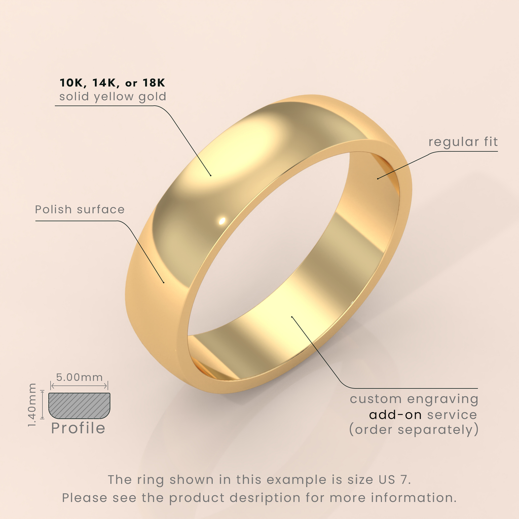 14k Solid Gold Classic Domed Ring – 5mm Women’s Wedding Band in Polished Yellow, White, or Rose Gold – Comfort Fit