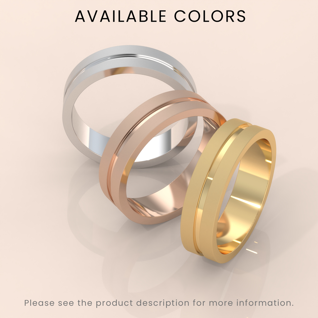 18k 6mm Solid Gold Men's Wedding Band – Grooved Design with Unique Fancy Accents | Yellow, White, or Rose Gold
