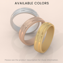 18k Gold Men’s Wedding Band – 7mm Thick Brushed Ring with Grooved Detail – Modern Gold Ring for Him