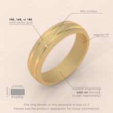 18k Gold Men’s Wedding Band – 7mm Thick Brushed Ring with Grooved Detail – Modern Gold Ring for Him
