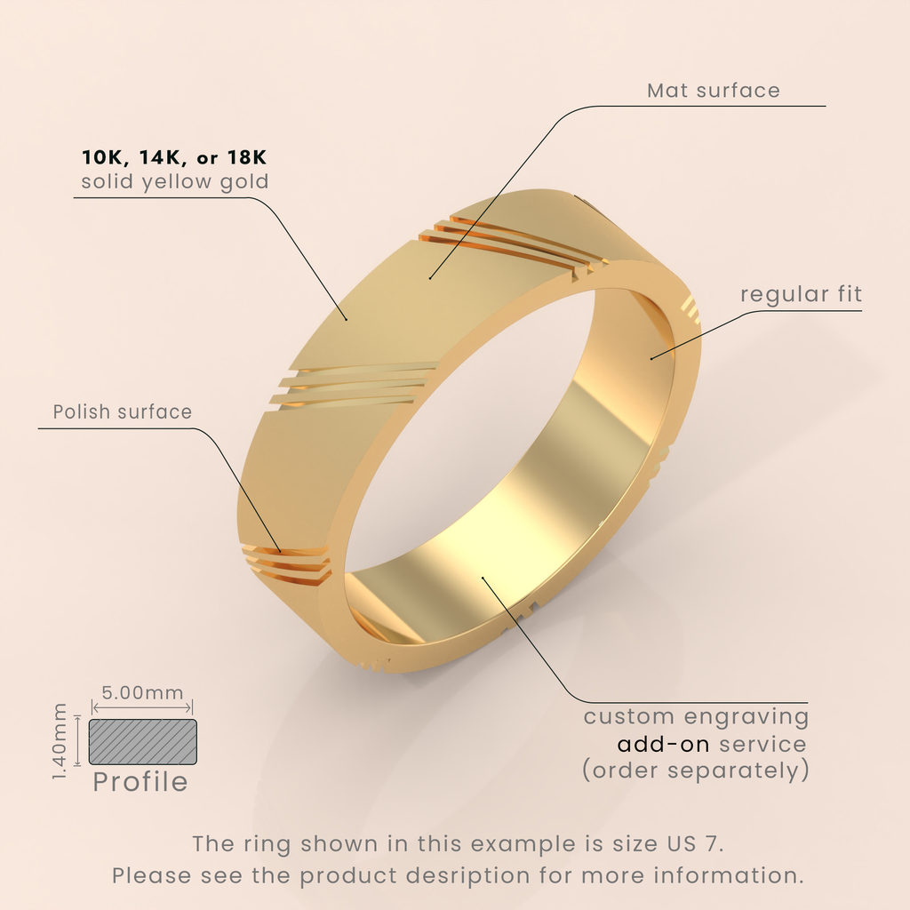 18k 6mm Solid Gold Men's Wedding Band – Modern Ring with Diagonal Details | Stylish Wedding Ring for Him