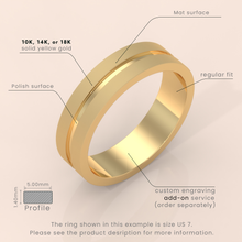 18k 6mm Solid Gold Men's Wedding Band – Grooved Design with Unique Fancy Accents | Yellow, White, or Rose Gold