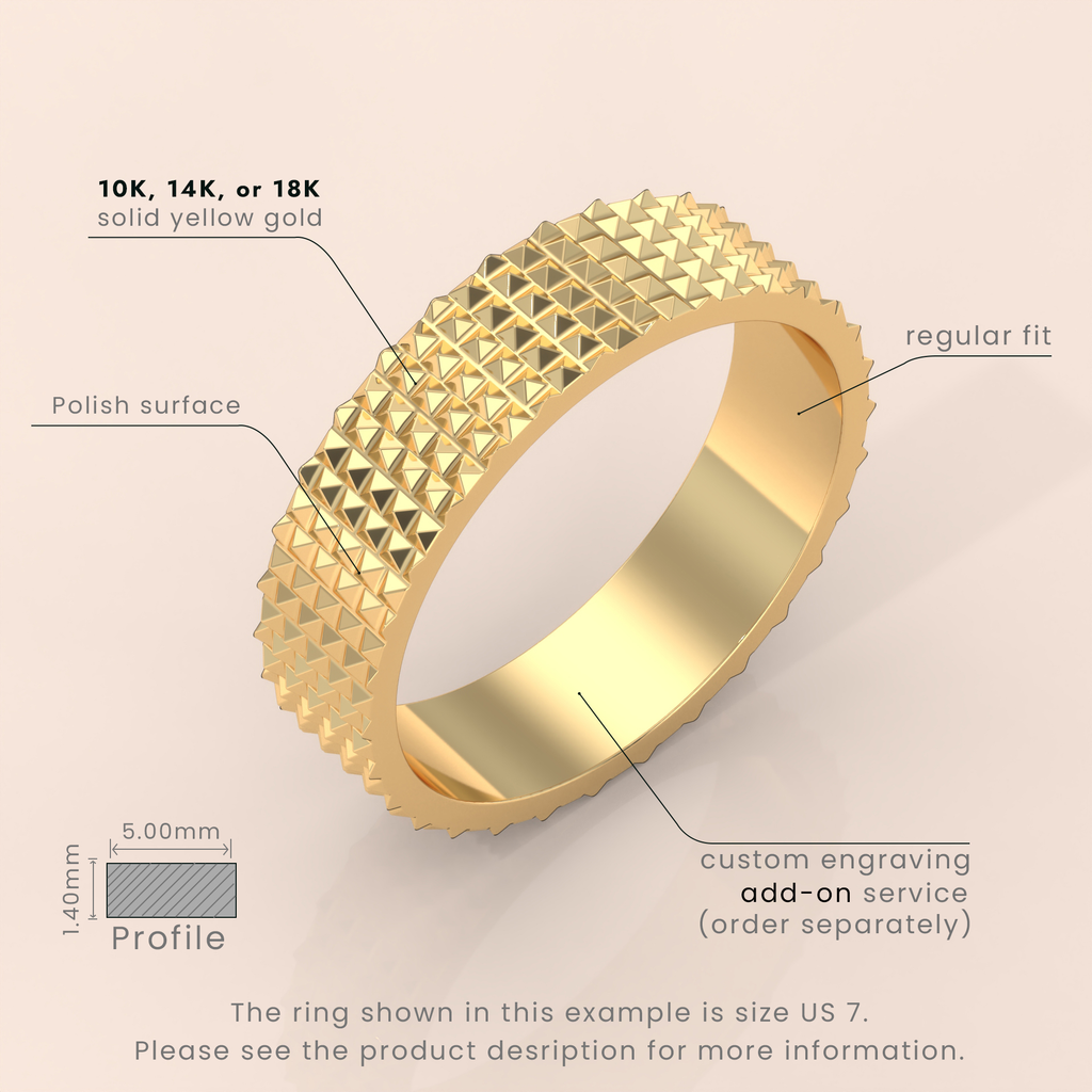 18k Solid Yellow Gold Hammered Wedding Band – Textured Flat Ring for Men & Women | His Hers Couples Ring