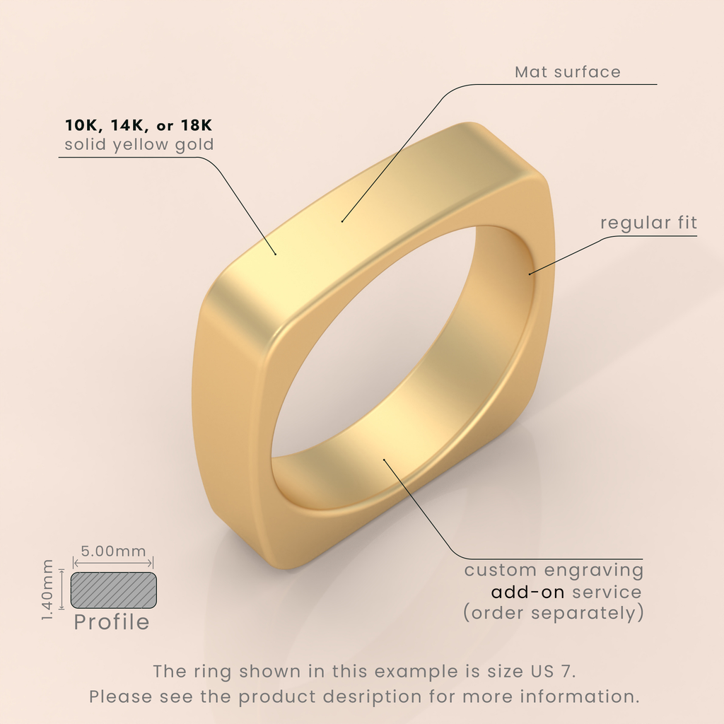 18kt Yellow Gold Mens Wedding Band | 6mm Brushed Square Ring | Comfortable Euro Shank Design for Men