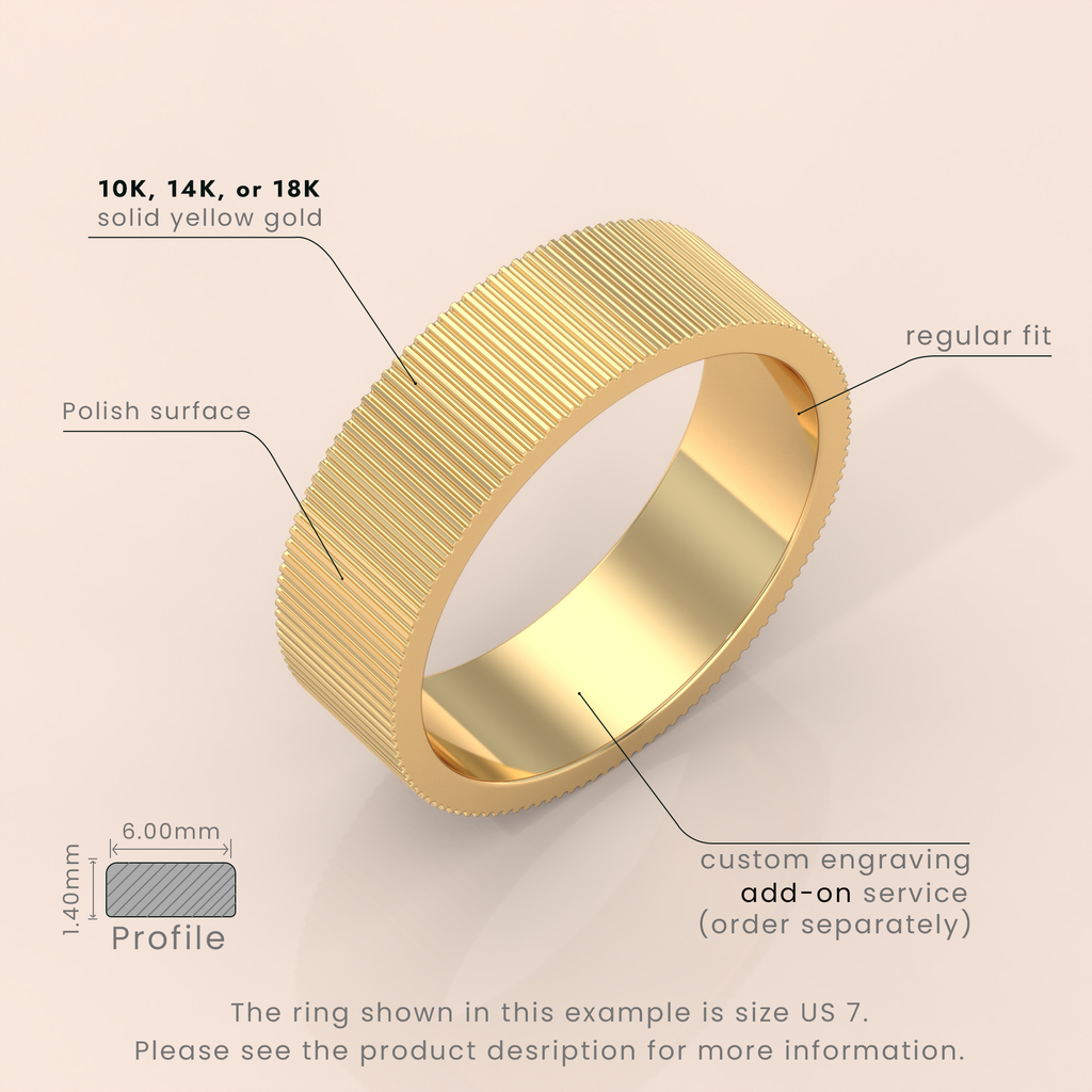 18k Solid Gold Men’s Wedding Band – 7mm Mid-Beveled Ring with Accented Details – Classic Gold Band for Him